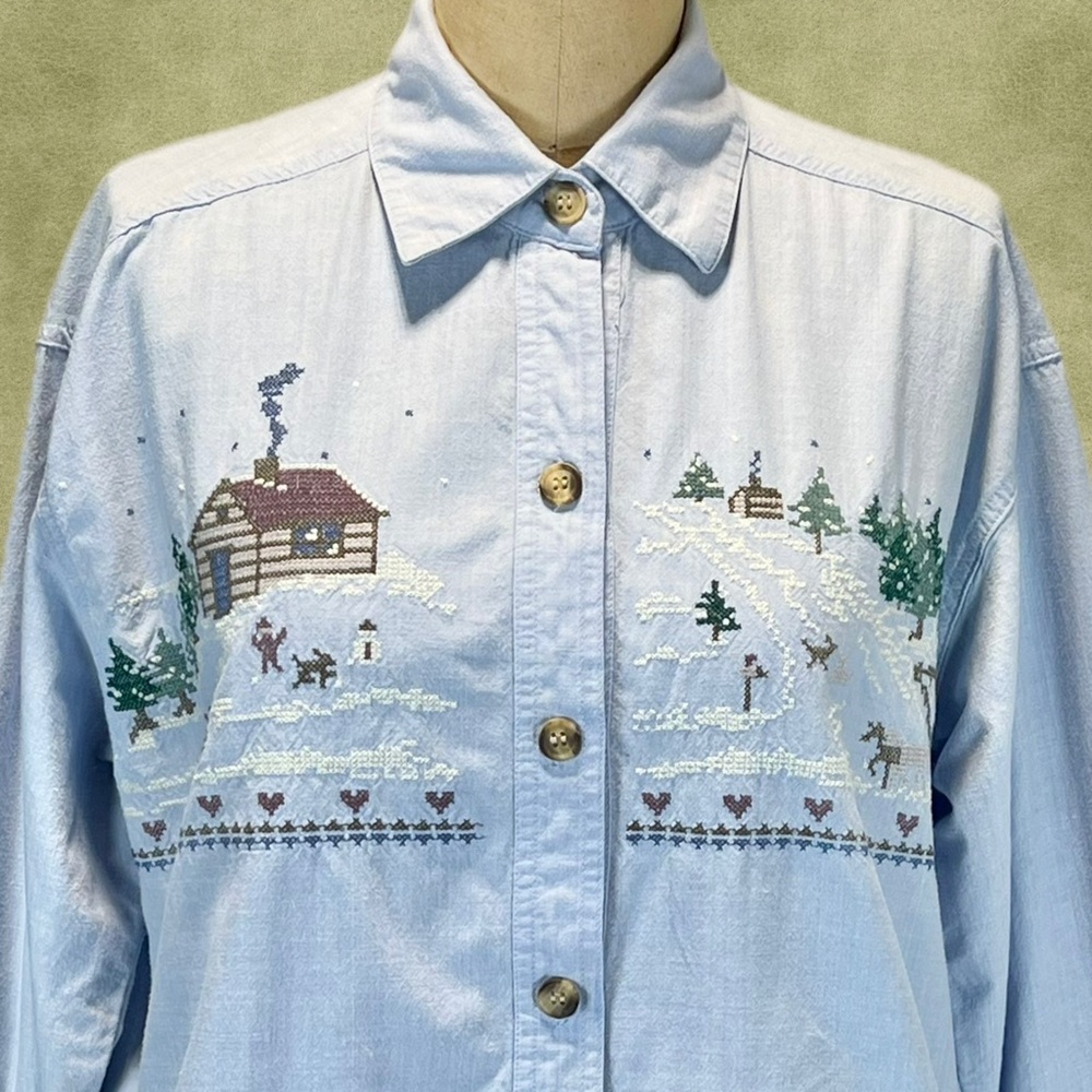 VINTAGE village needlepoint embroidery denim button down shirt cabin pine‎ tree